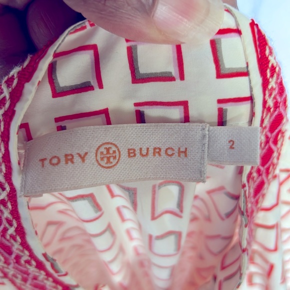 TORY BURCH orange, red, cream square printed mini dress w/3/4 sleeves. Size 2 - Picture 8 of 13